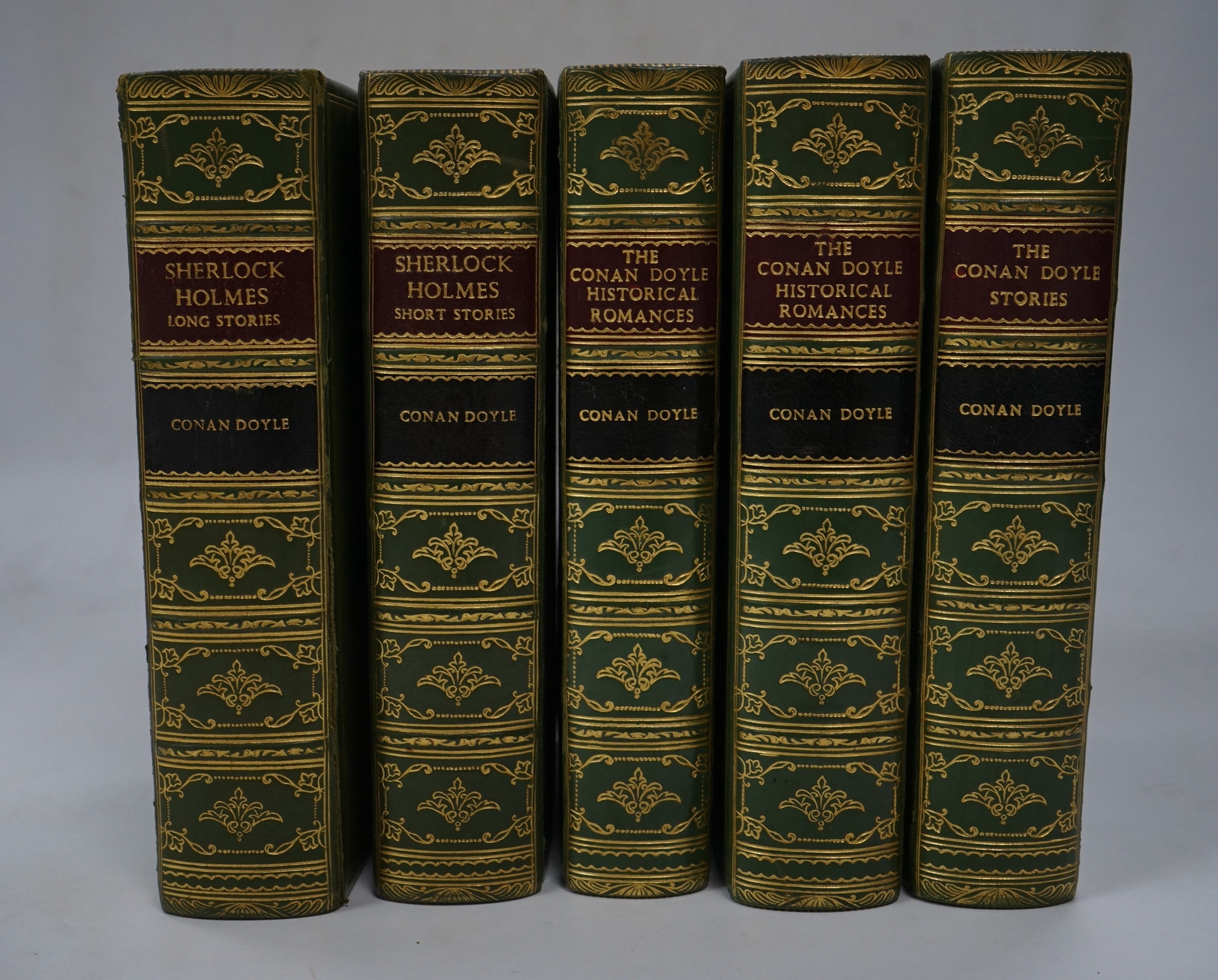 Conan Doyle, Arthur - Works; Sherlock Holmes Long Stories; Sherlock Holmes Short Stories; Historical Romances (2) & Stories, publ. John Murray, full green calf with tooled gilt spines by Bayntun (5 vols)